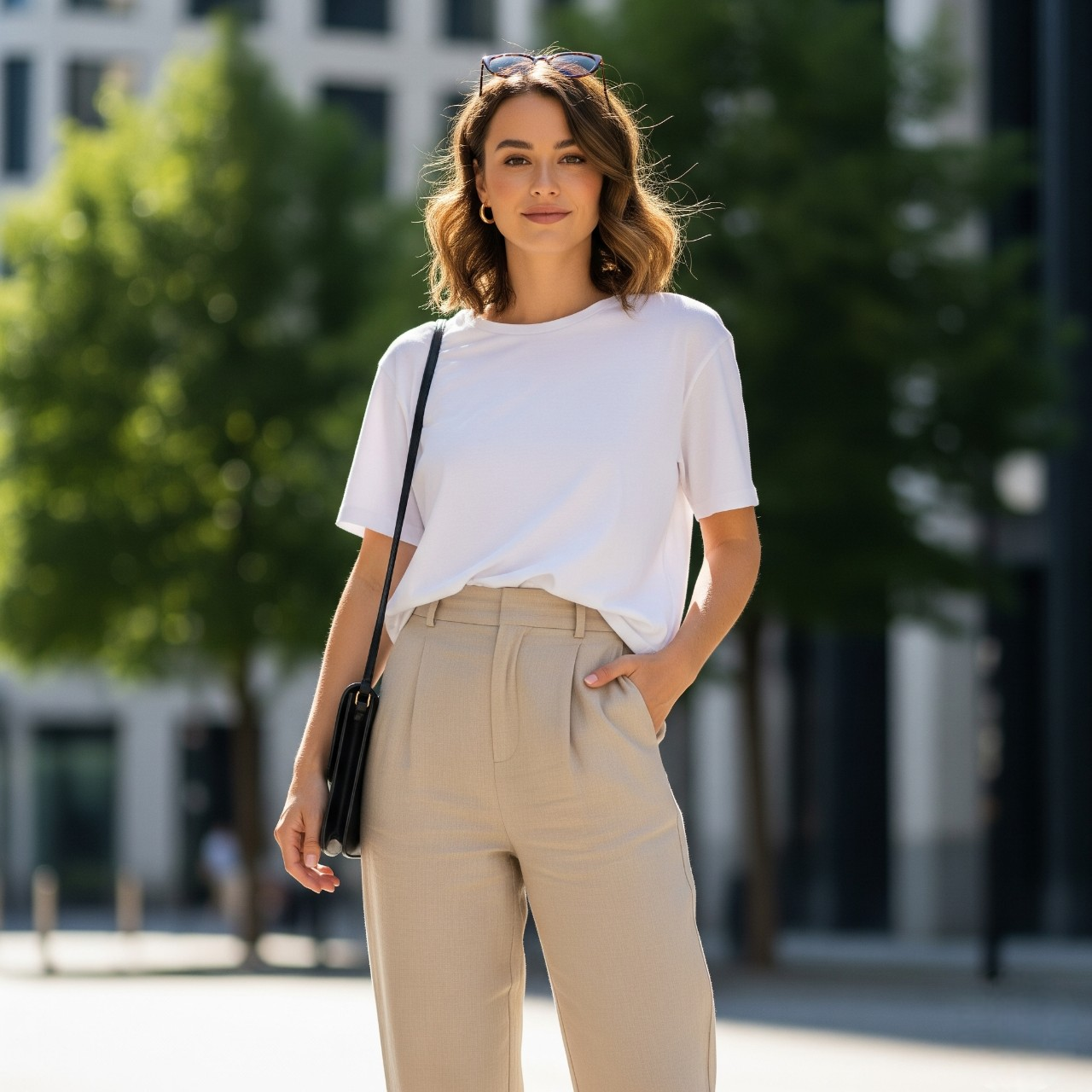 Woman in a city setting wearing a white tee and trousers