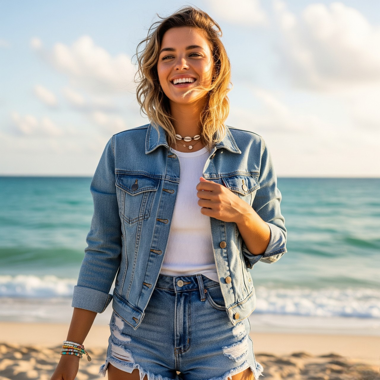 Man at the coast wearing a denim jacket